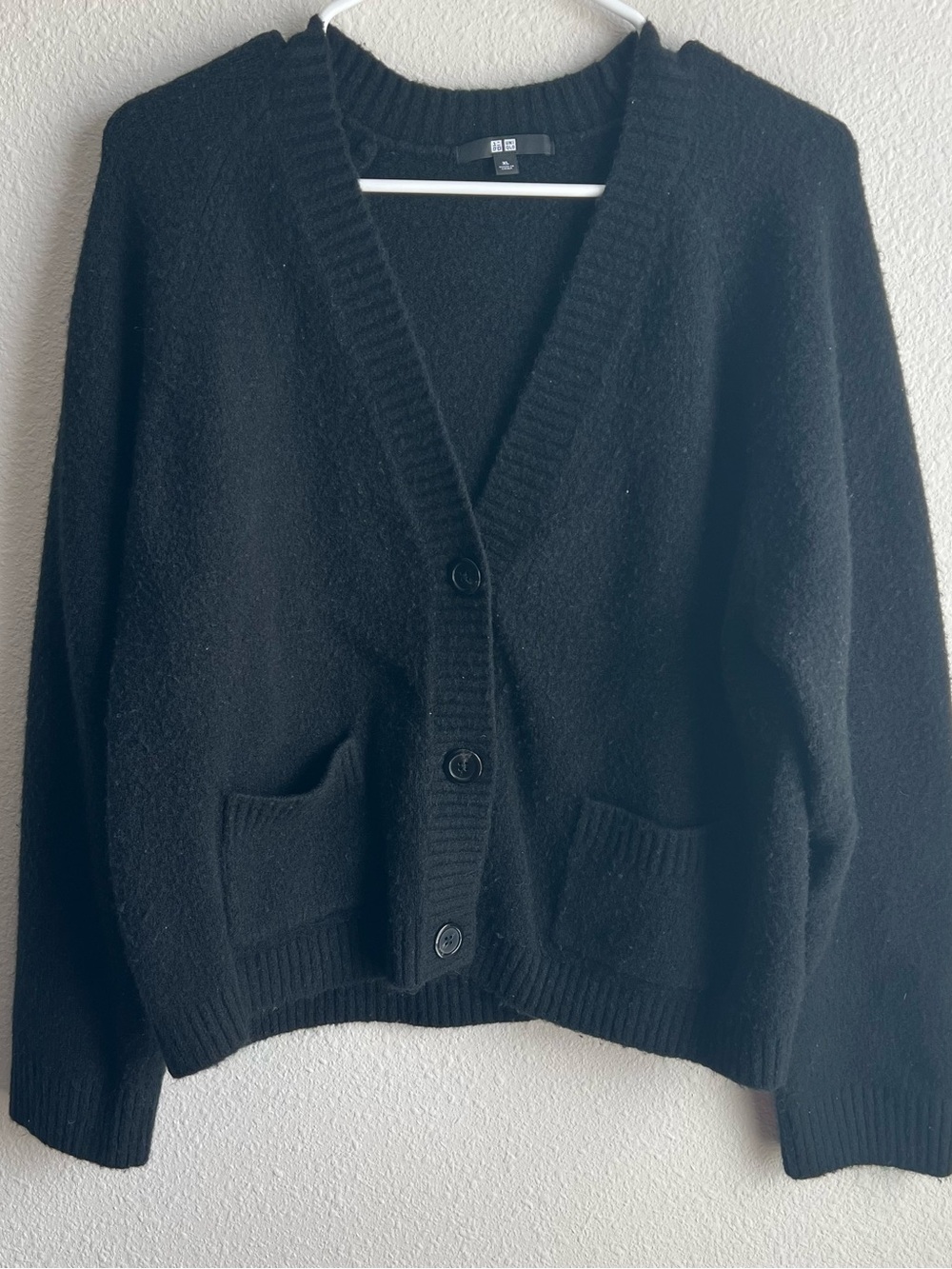 Uniqlo Black V-Neck Button Cropped Oversized Cardigan with Patch Pockets